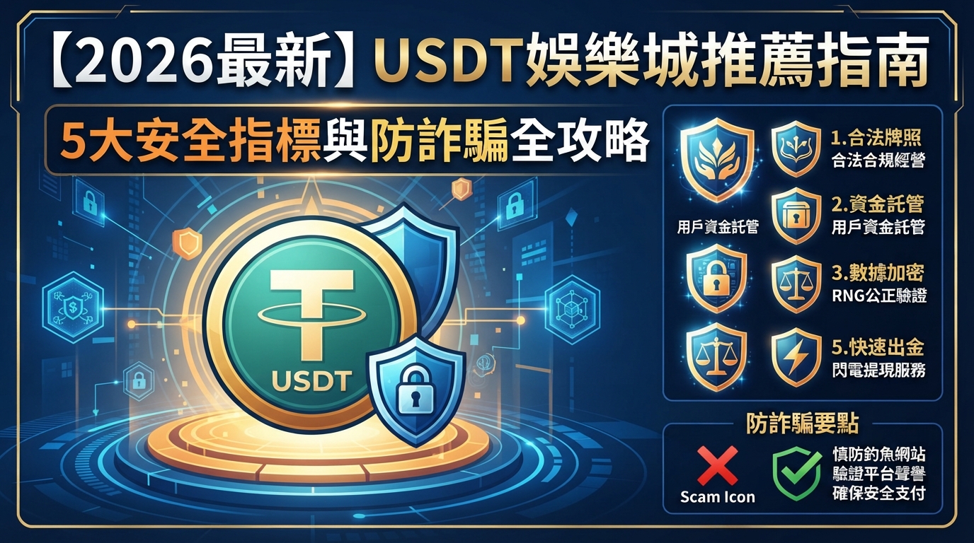 這是一張16:9的USDT娛樂城推薦指南SEO文章縮圖，畫面以科技藍色調為主，中央突顯USDT代幣與安全防護盾牌。 上方與左側清楚標示文章主標題與副標題，右側則以圖文並茂的方式列出5大安全指標與防詐騙要點。